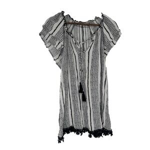 INDIGO ROSE Black White Double Cap Sleeve Boho Hippie Top 2X tassels lightweight